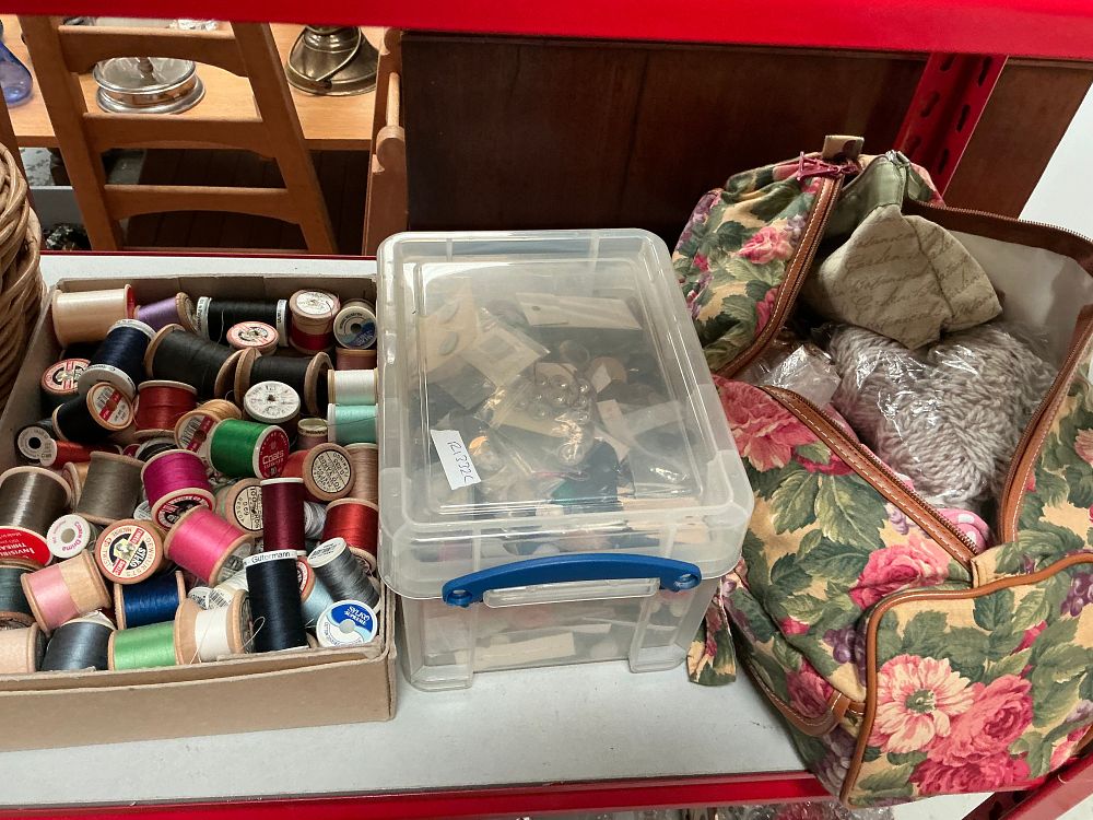Lot 341: A Collection of Sewing and Haberdashery Supplies including Sylko and Gutermann Threads in Wicker Baskets