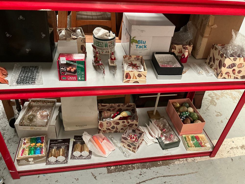 Lot 342: A Collection of Seasonal Decorations and Gift Items Displayed Over Two Shelves