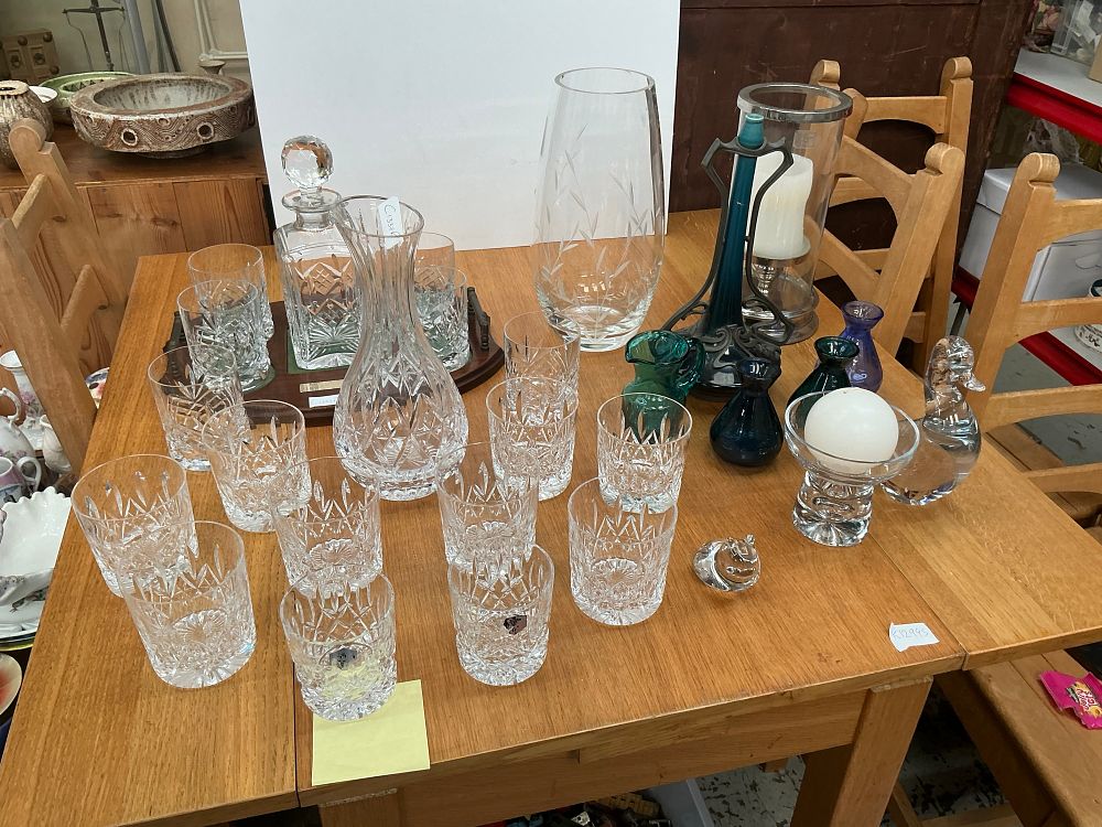 Lot 345: A Collection of Cut Crystal and Decorative Glassware including Art Nouveau style Ceramic and Metal Vase
