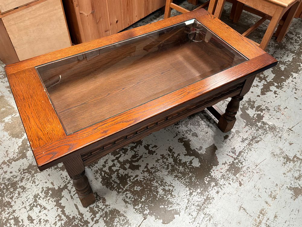Lot 347: An Old Charm Oak Vitrine Coffee Table by Wood Bros