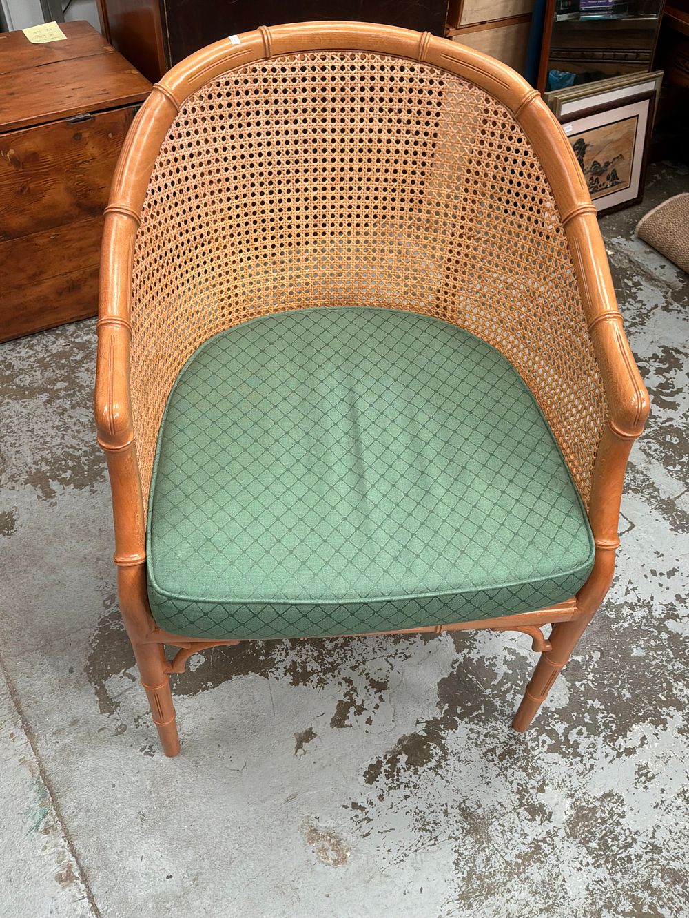 Lot 349: A Mid Century Hollywood Regency Style Faux Bamboo and Cane Tub Chair