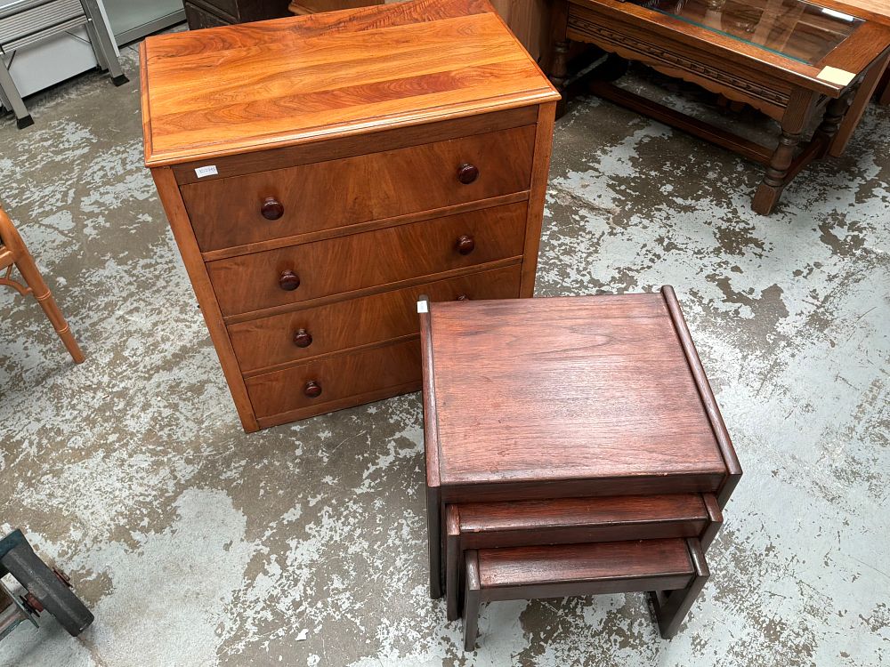 Lot 372: A Trio of Mixed Furniture Comprising a Victorian style Mahogany Chest of Drawers a Nest of Tables and a Maritime style Storage Chest