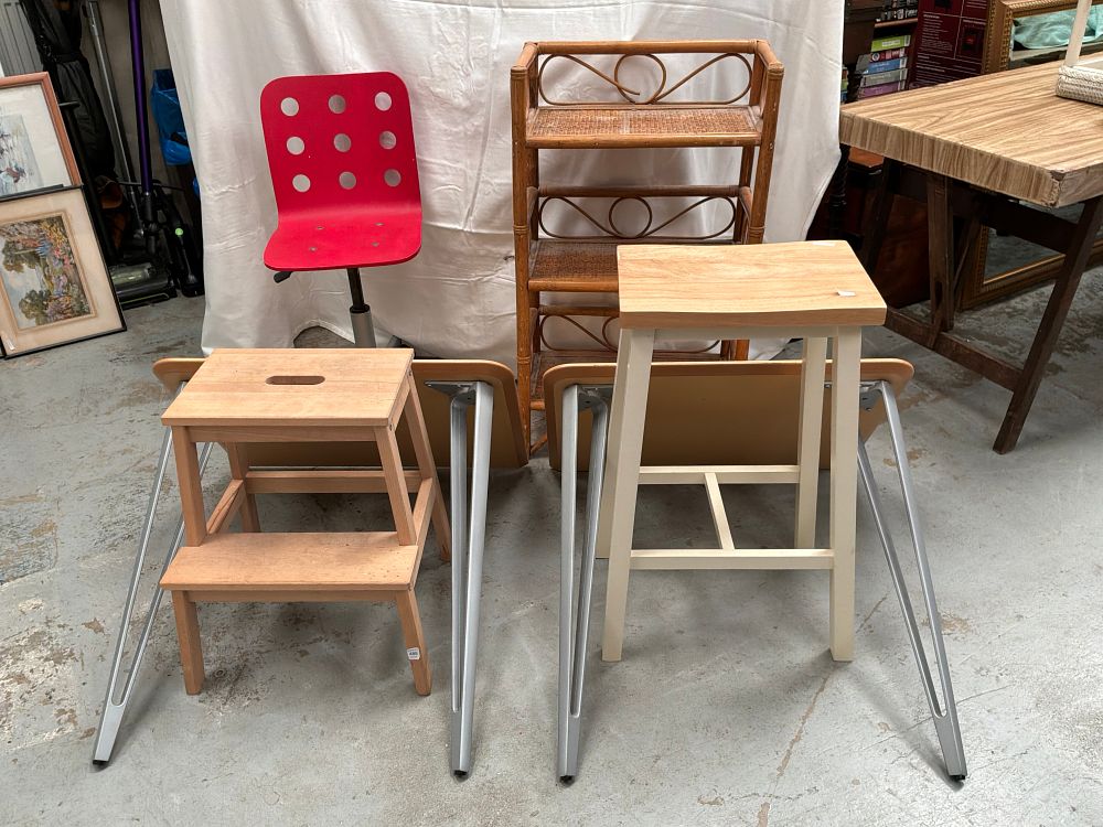 Lot 379: An Assortment of Household Furniture and Storage including Office Seating and Wicker Style Shelving