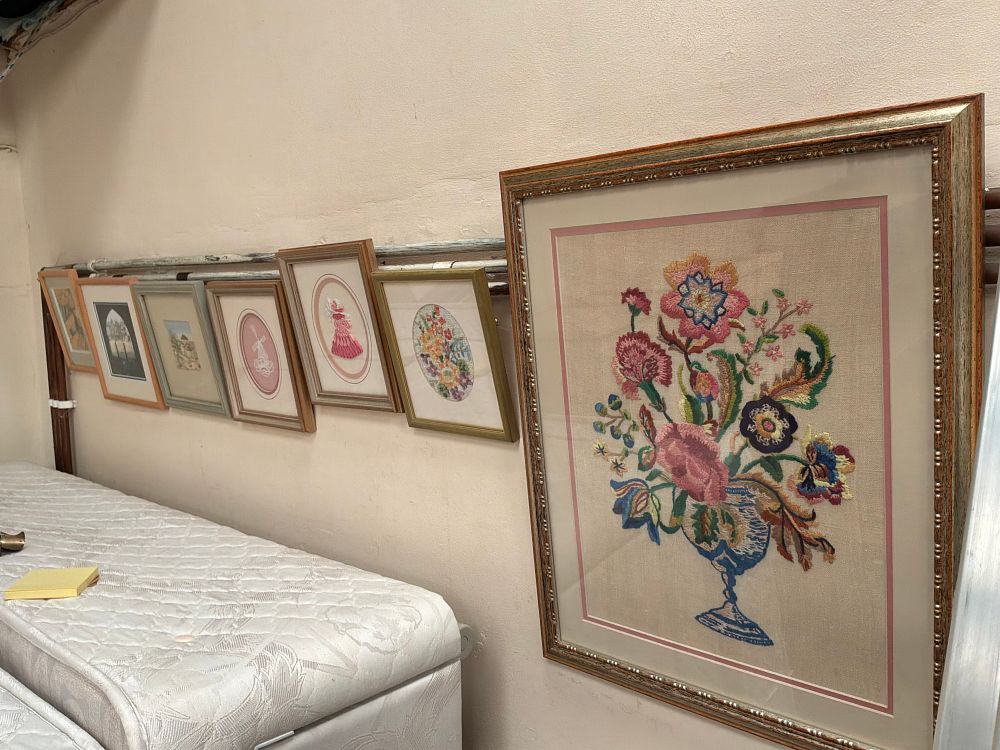 Lot 381: A Collection of Framed Textile Art and Decorative Prints Including Needlework and Quilling