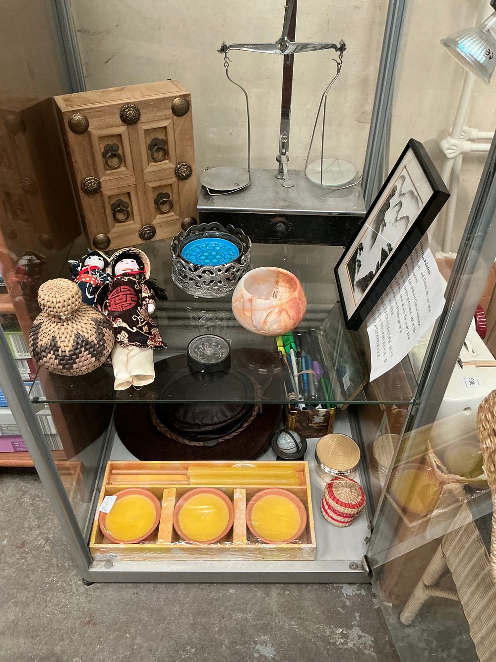 Lot 397: A Collection of Assorted Decorative Objects and Curiosities Including a Laboratory Scale and a Chinese Palm Painting
