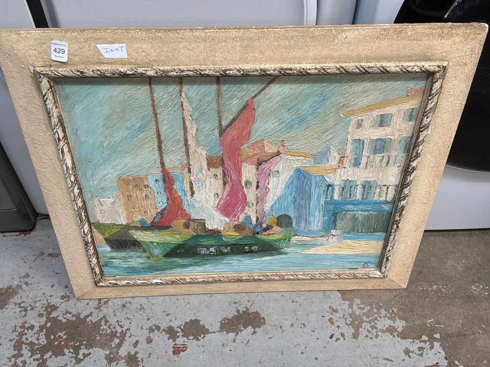 Lot 429: An Expressionist Coastal Harbor Scene Oil Painting on Board
