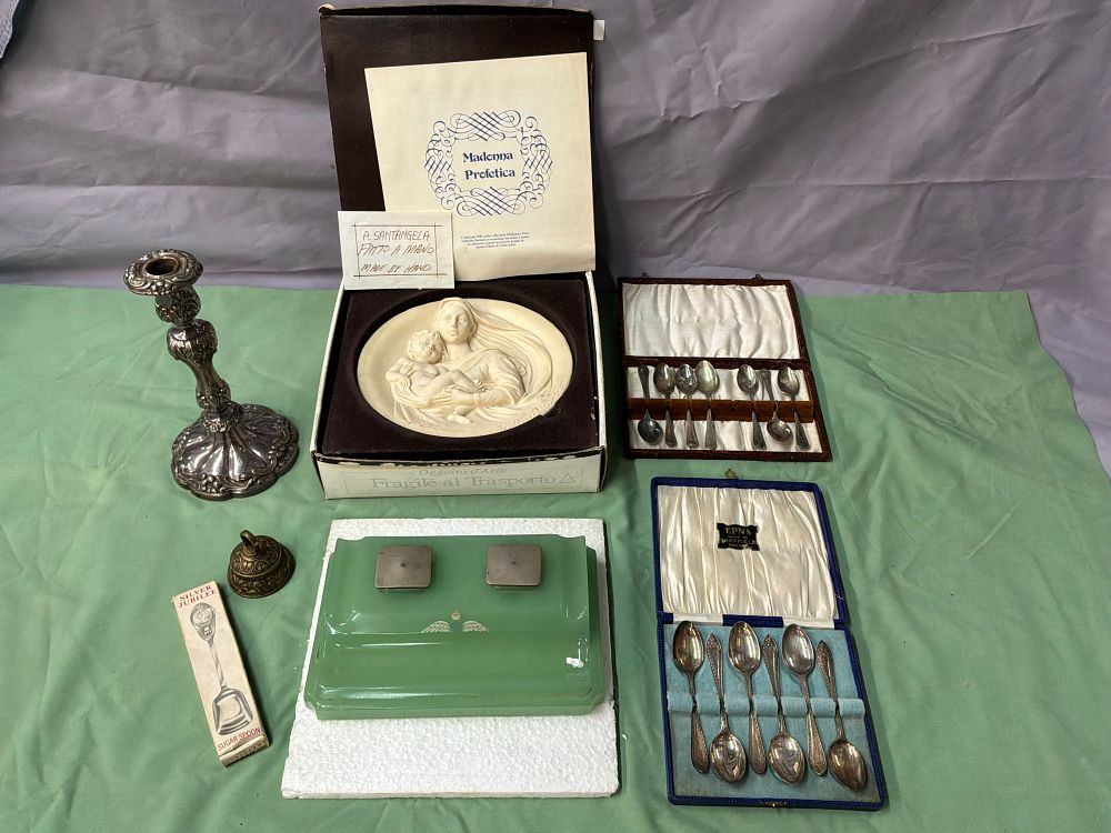 Lot 6: A Collection of Decorative Items and Silver-Plated Flatware Including a Cased Alabaster Relief and RAF Style Inkstand