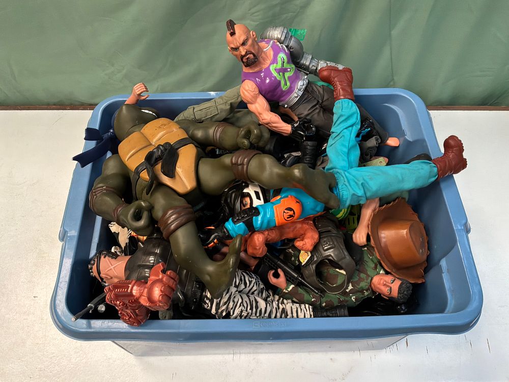 Lot 9: A Collection of Large Scale Action Figures and Accessories Including Teenage Mutant Ninja Turtles style Examples