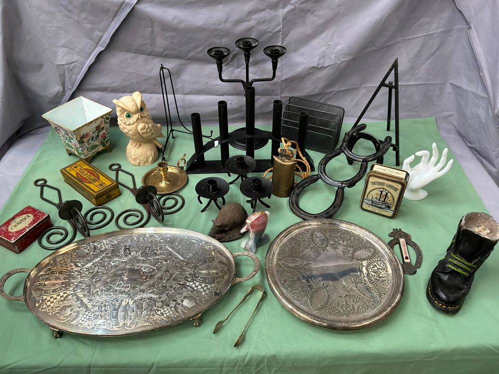 Lot 10: A Collection of Decorative Items and Silver-Plated Trays Including W.D. & H.O. Wills Examples