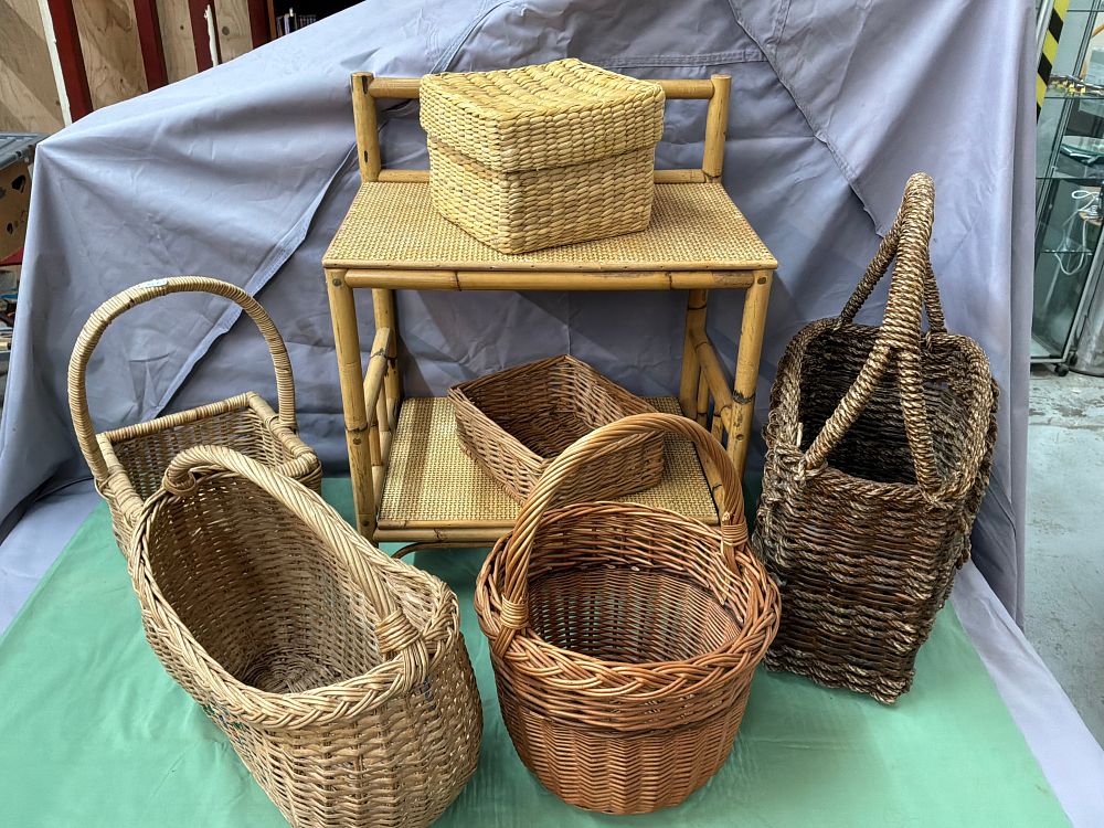 Lot 13: A Collection of Bamboo and Woven Rattan Shelving and Baskets
