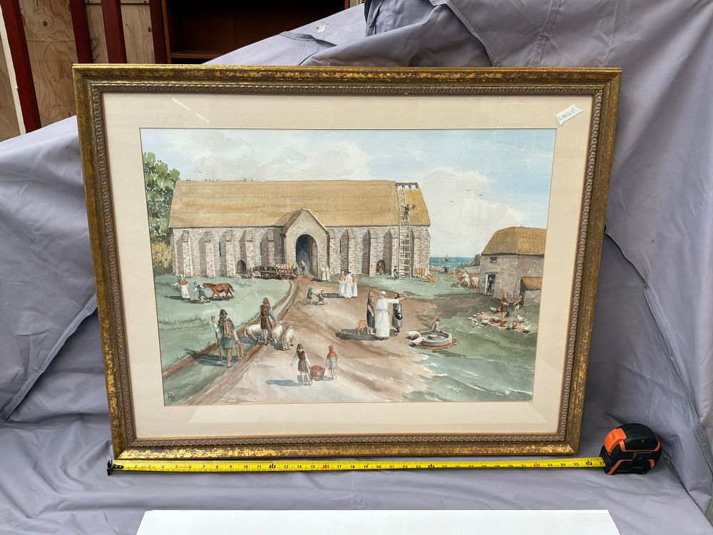 Lot 14: A Framed Watercolor Painting Depicting the Tithe Barn at Torre Abbey Signed RB
