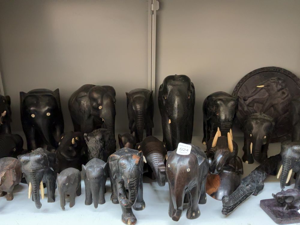 Lot 24: A Collection of Carved Hardwood Elephant Figures and Related Wares