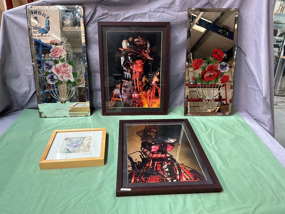 Lot 27: A Group of Five Framed Items including Vintage Floral Mirrors and Photographic Prints