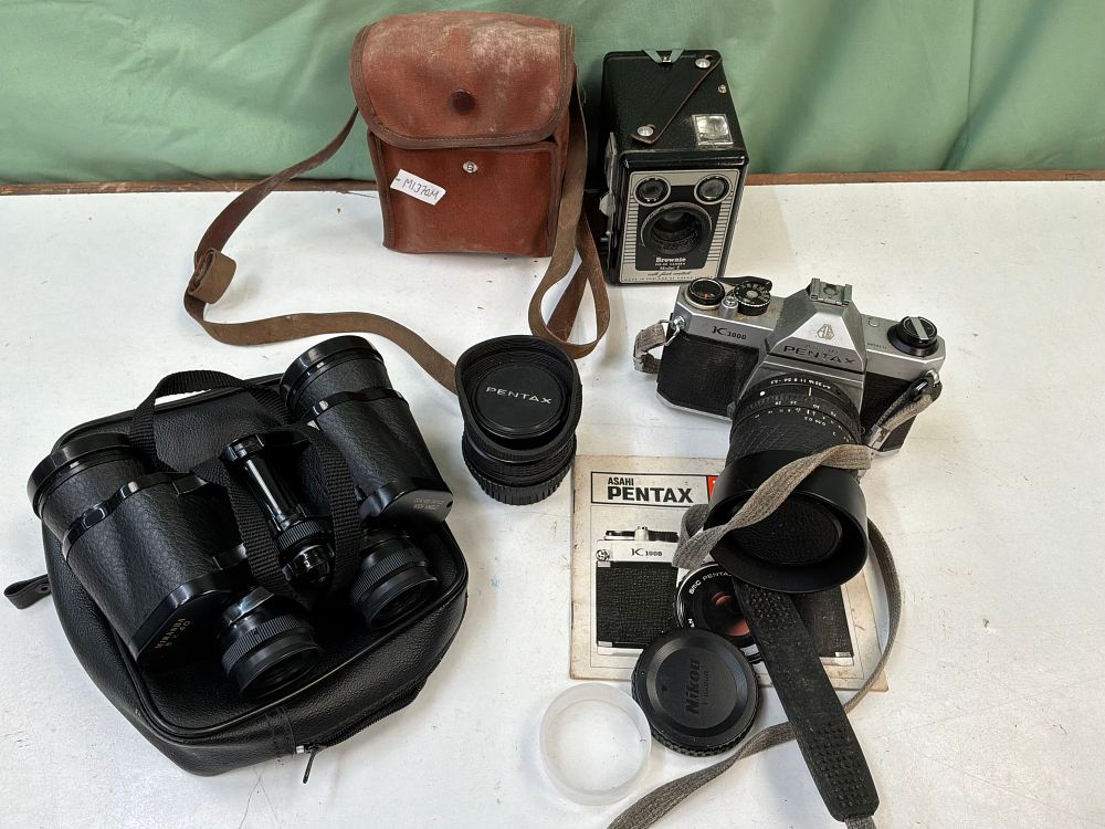 Lot 28: A Collection of Photographic Equipment and Binoculars Including Pentax and Kodak Examples