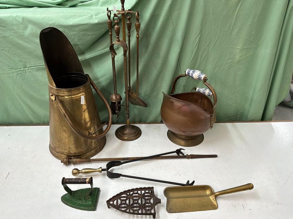 Lot 33: A Collection of Antique and Vintage Brass, Copper, and Cast Iron Fireside Accessories