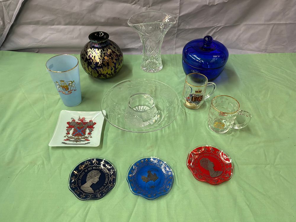 Lot 38: A Collection of Royal Commemorative and Decorative Glassware including Roncam and Chance Brothers Examples