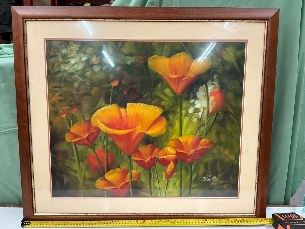 Lot 42: A Large Framed Contemporary Print of California Poppies Signed Charlie