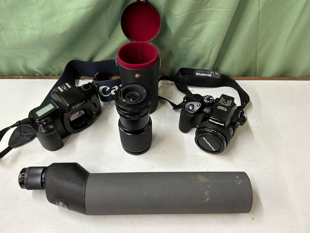 Lot 46: A Collection of Photographic Equipment Including Canon and Olympus Cameras with Greenkat Spotting Scope