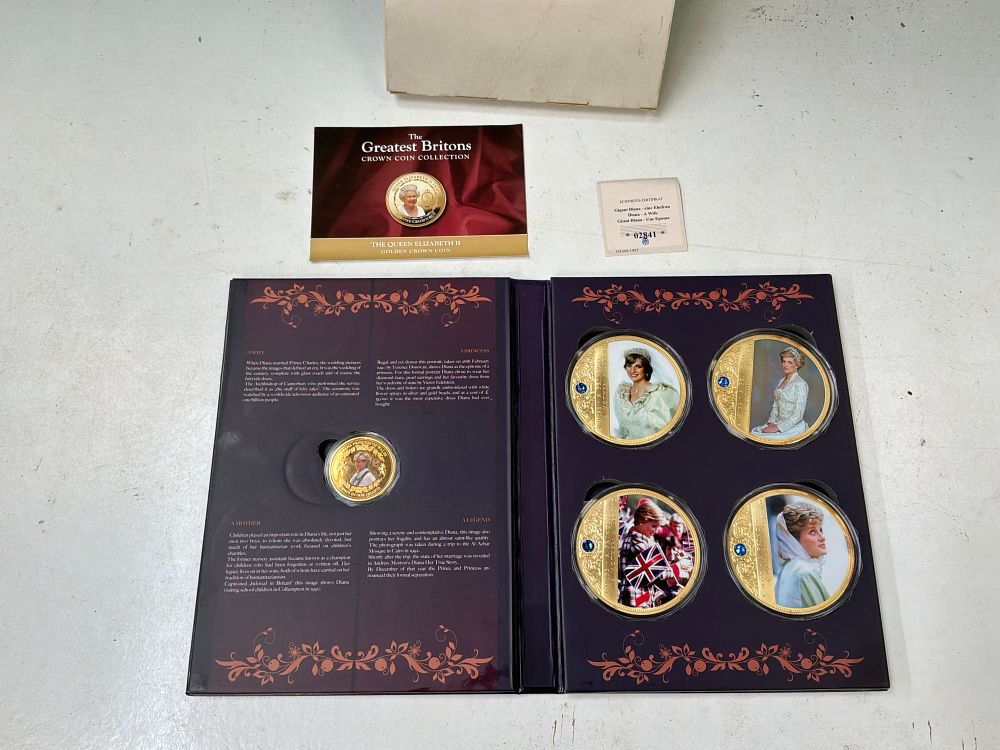 Lot 51: A Collection of One Smaller and Four Large Gold-Plated Commemorative Medallions with Presentation Folder