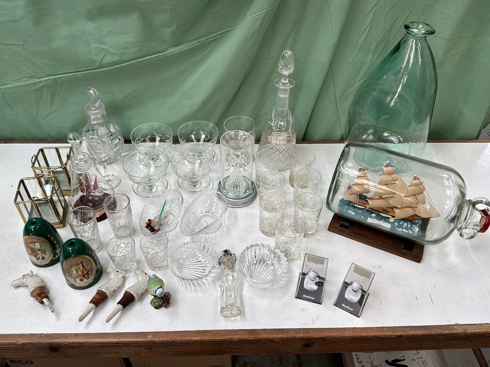 Lot 70: A Collection of Glassware and Nautical Ornaments including Ships-in-Bottles and a Large Carboy