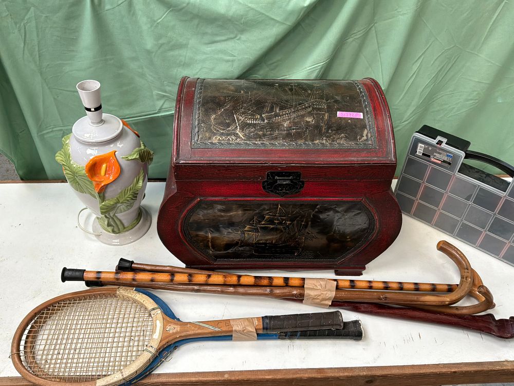 Lot 80: A Mixed Lot of Decorative Items Including a Lacquered Wooden Chest and Walking Sticks