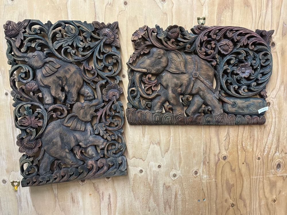 Lot 84: A Pair of Southeast Asian style Hand Carved Hardwood Relief Panels Featuring Elephants