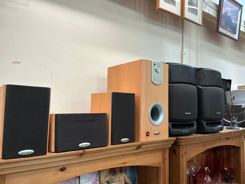 Lot 127: A Group of Multi Component Speakers and Surround Sound System Only Including Bush and Aiwa Examples