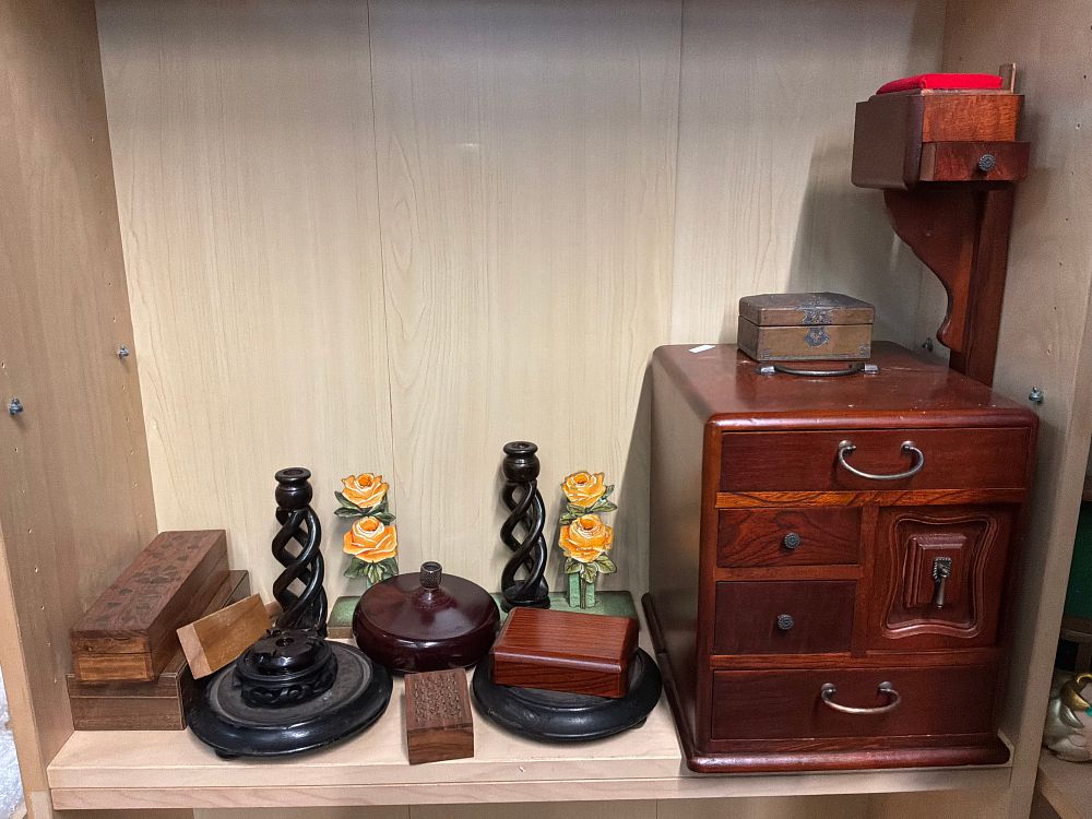 Lot 146: A Collection of Japanese style Wooden Decorative Objects and a Haribako Sewing Chest