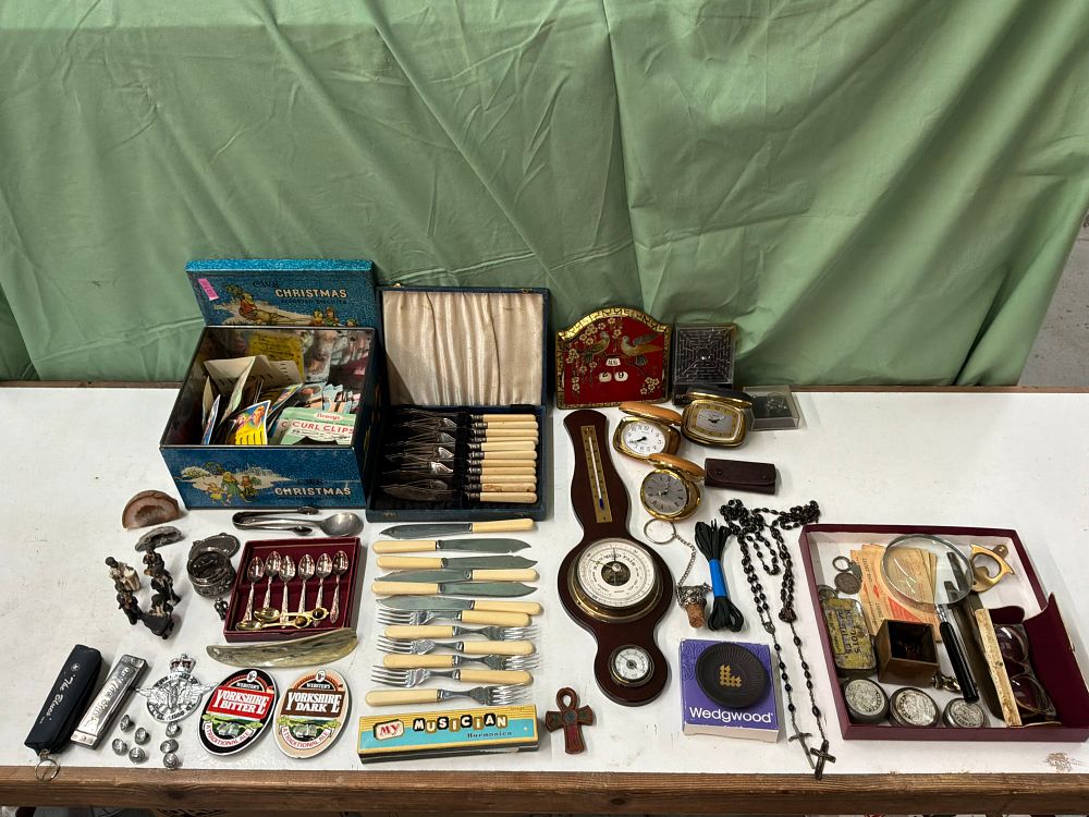 Lot 199: A Collection of Assorted Vintage Collectables and Flatware including Wedgwood and Hohner Examples