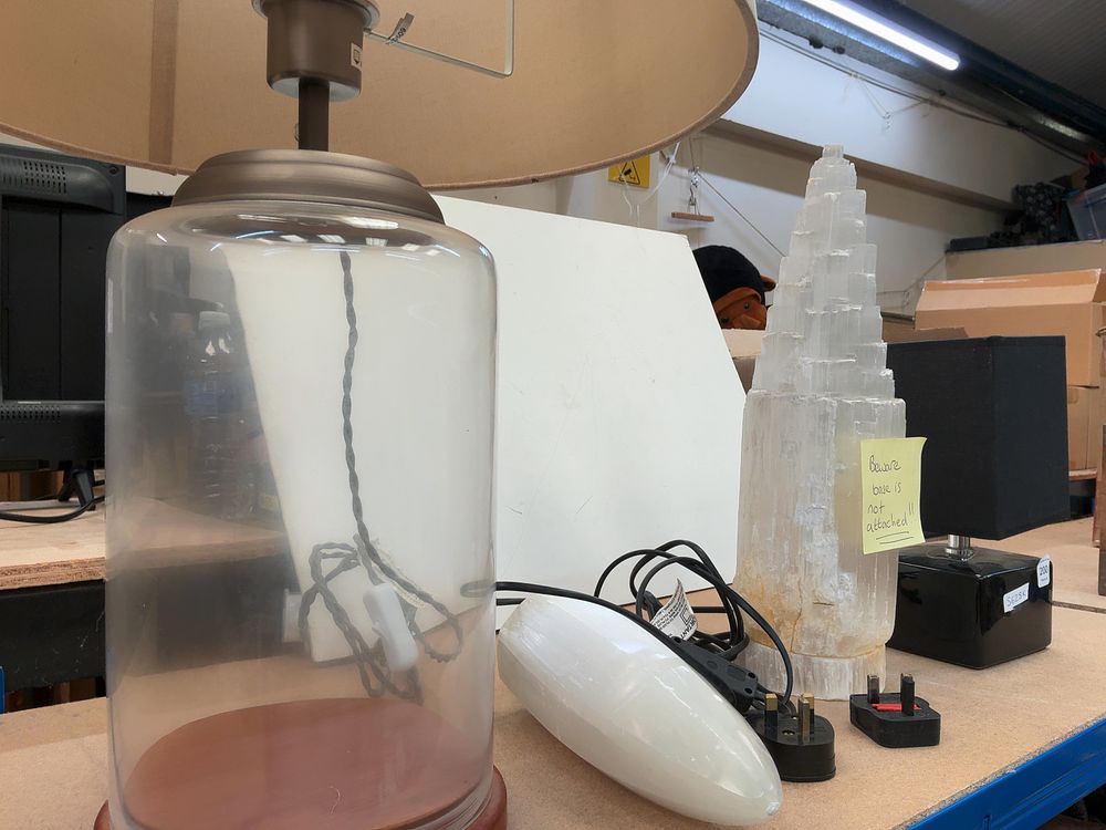 Lot 200: A Group of Three Contemporary Table Lamps and a Selenite Tower Lamp