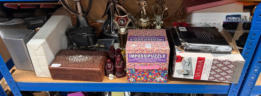 Lot 215: A Collection of Decorative Objects and Collectibles Including a Kodak Camera and Carved Wooden Box