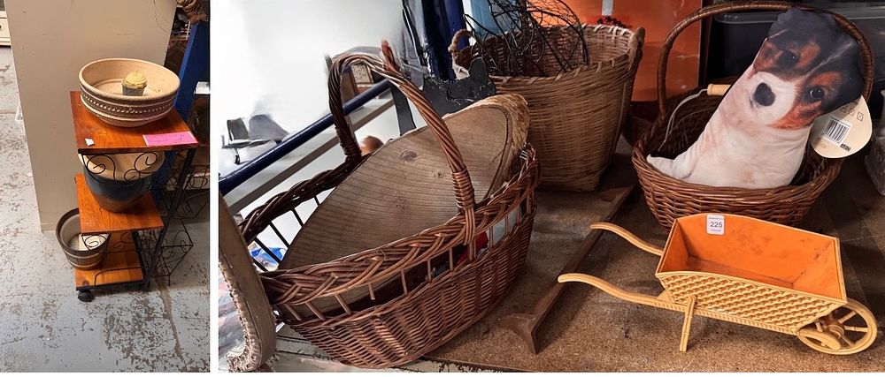 Lot 225: A Collection of Wicker Baskets and Garden style Decorative Items including a Multi-Tier Plant Stand