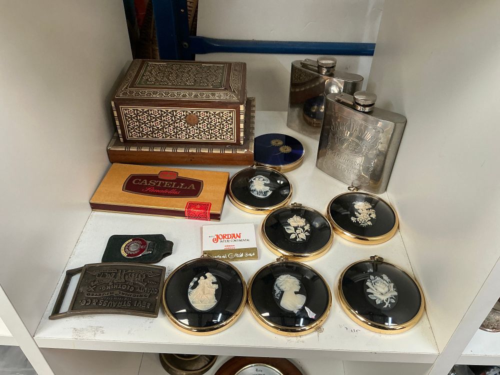 Lot 232: A Collection of Assorted Curiosities and Decorative Items Including a Marquetry Inlaid Cigar Box