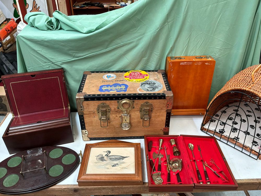 Lot 303: A Collection of Household and Decorative Items including a Small Dome Top Steamer Trunk and a Remy Martin style Presentation Canteen