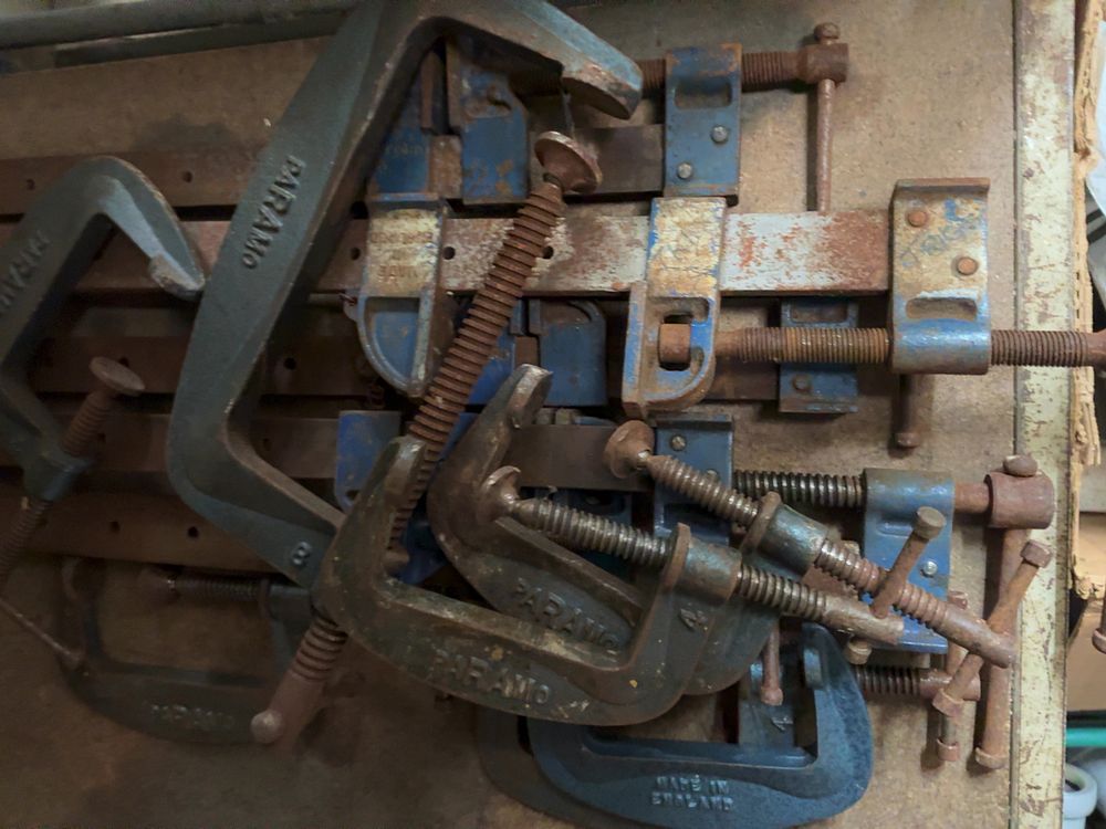 Lot 304: A Collection of Vintage Heavy Duty Steel and Cast Iron Woodworking Clamps Including Paramo Examples