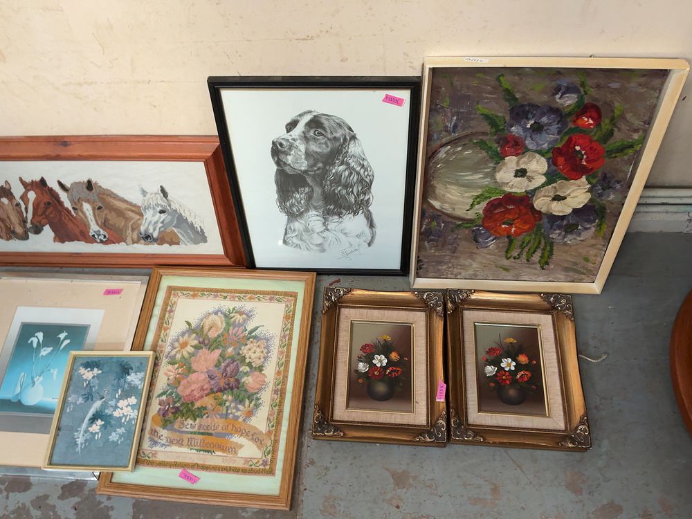 Lot 308: A Collection of Framed Artworks and Needlepoint Samplers Including Works by M. Sibley and Gary R. Smith