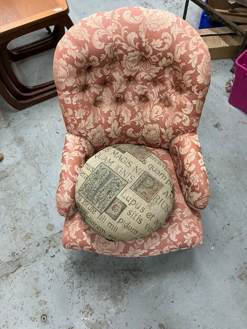 Lot 341: A Victorian Style Deep Buttoned Tub Chair and a Separate Circular Footstool
