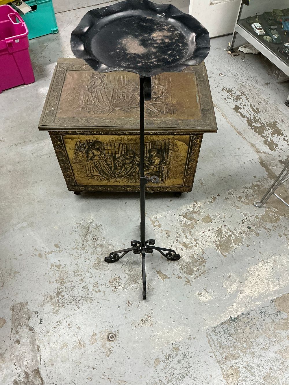 Lot 342: A Neo-Renaissance Style Embossed Brass Clad Wooden Coal Box with Wrought Iron Stand