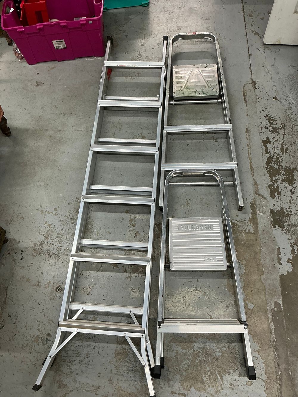 Lot 353: A Group of Two Aluminium Platform Step Ladders and One Extension Ladder including Youngman Examples