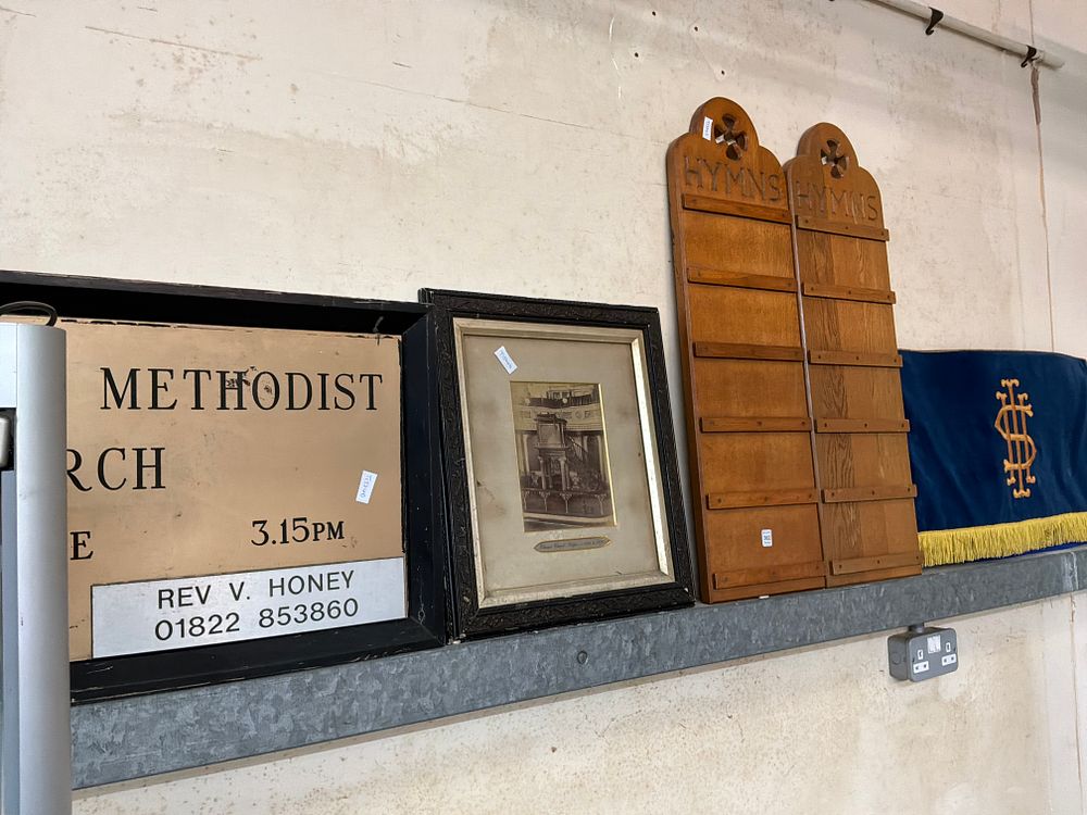 Lot 362: A Group of Whitchurch Methodist Church Items Including an Embroidered Pulpit Fall and Hymn Boards