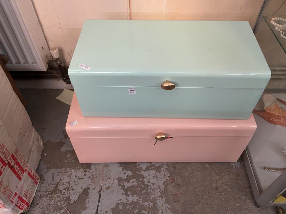Lot 368: A Pair of Contemporary Beautify Steel Storage Trunks with Festive Decorations