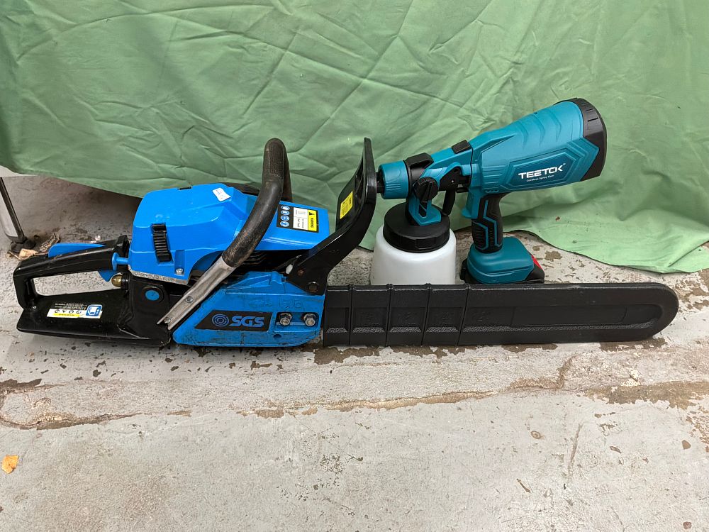 Lot 397: Two Power Tools Including SGS Petrol Chainsaw and TEETCK Cordless Spray Gun