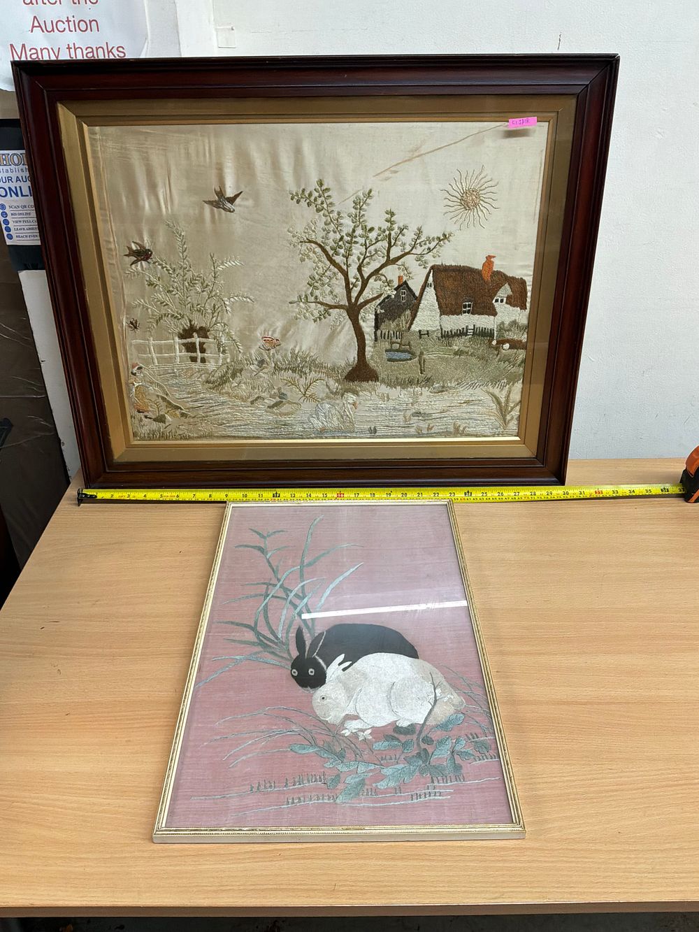 Lot 421: Two Framed Silk Needlework Pictures including a Landscape and a Pair of Rabbits