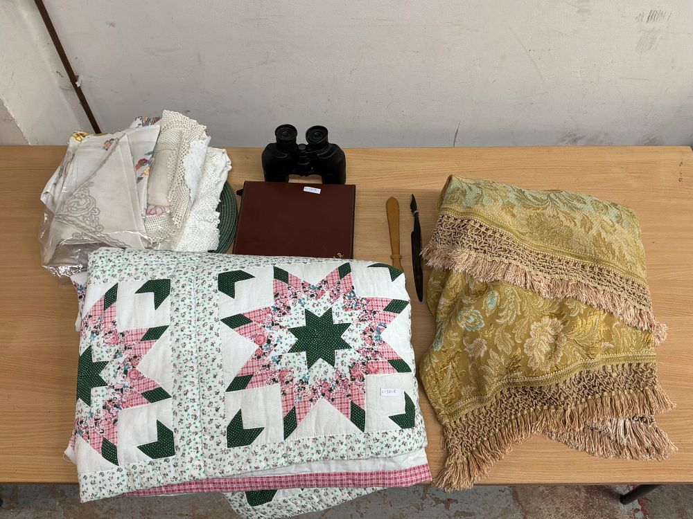 Lot 423: A Group of Vintage Textiles and Personal Accessories Including Nikon Action Binoculars