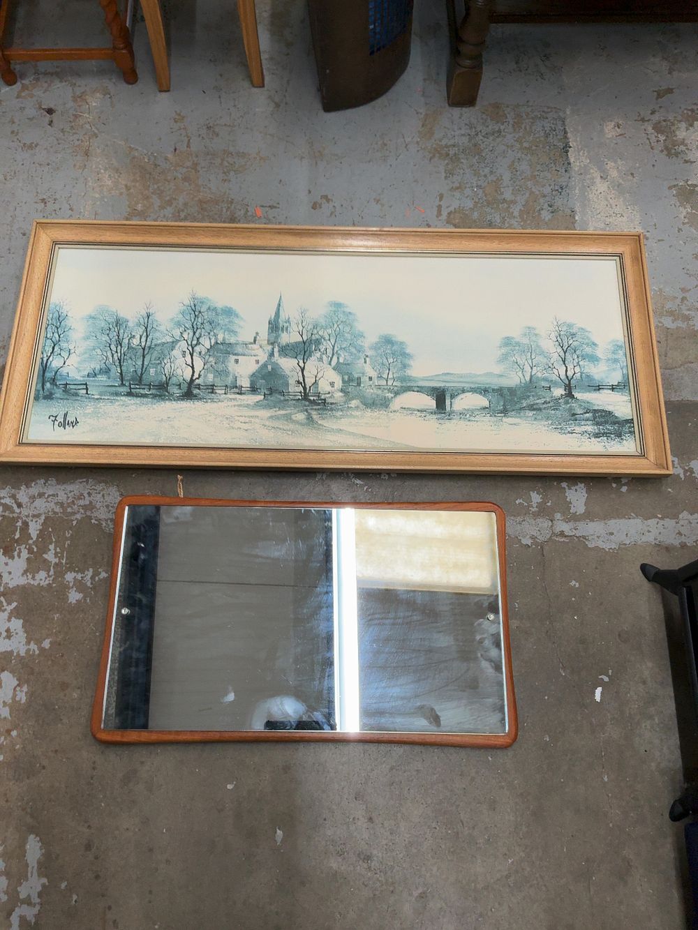 Lot 424: A Mid-Century Modern Teak Wall Mirror and a Framed Ronald Folland Print