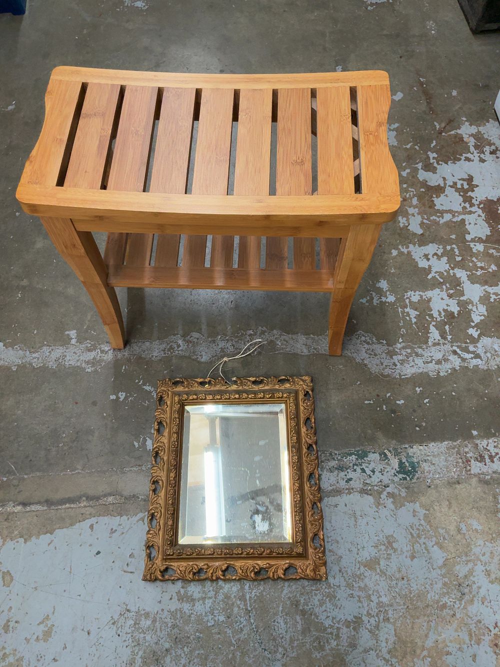 Lot 426: A Bamboo Bathroom Bench and an Ornate Gilt style Wall Mirror