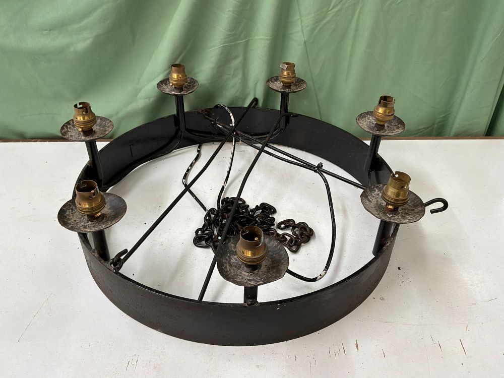 Lot 75: A Large Wrought Iron Wagon Wheel Style Eight Light Chandelier