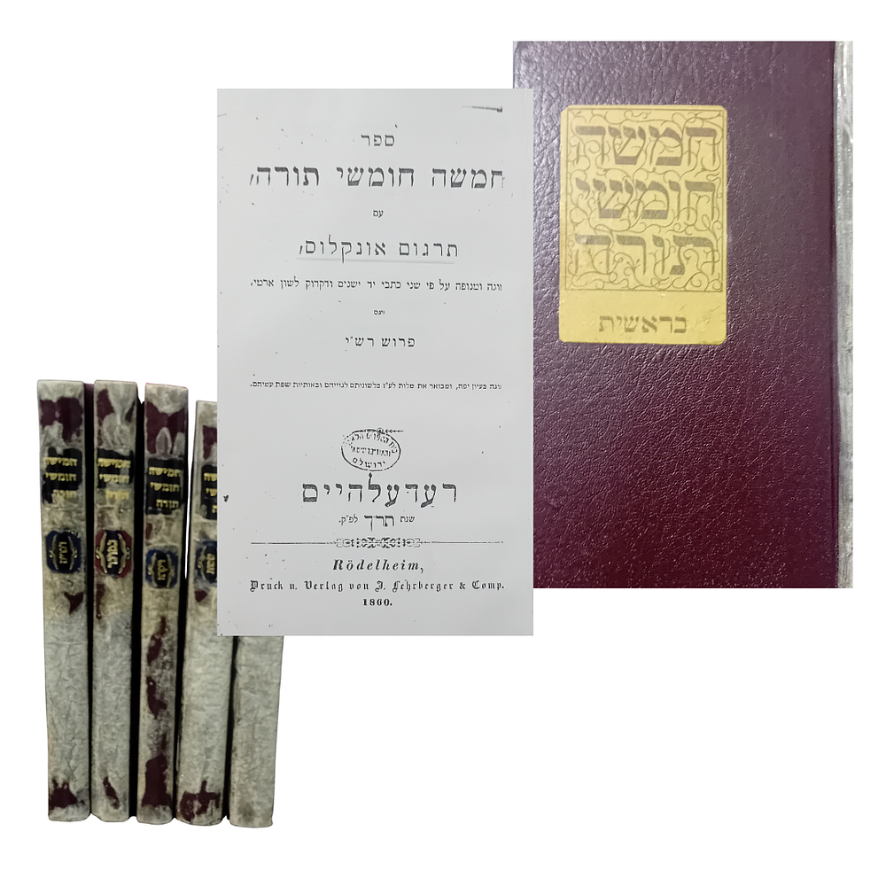 חמשה חומשי תורה - רעלעלהיים, מהדורת צילום תש"ך. 
ספר חמשה חומשי תורה עם תרגום אונקלוס - מוגה 