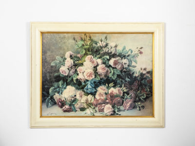 הדפס ורדים ישן, ממוסגר במסגרת מרשימה. 95/75 ס"מ