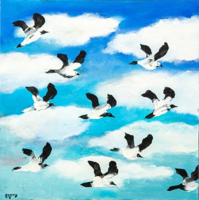 עודד פיינגרש (נ. 1938) - נדידת ציפורים. עודד פיינגרש - נדידת ציפורים 
שמן על בד מתוח על מסגרת עץ 